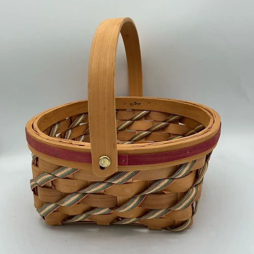 Striped Handwoven Round Basket Hinged Handle Pink/Green